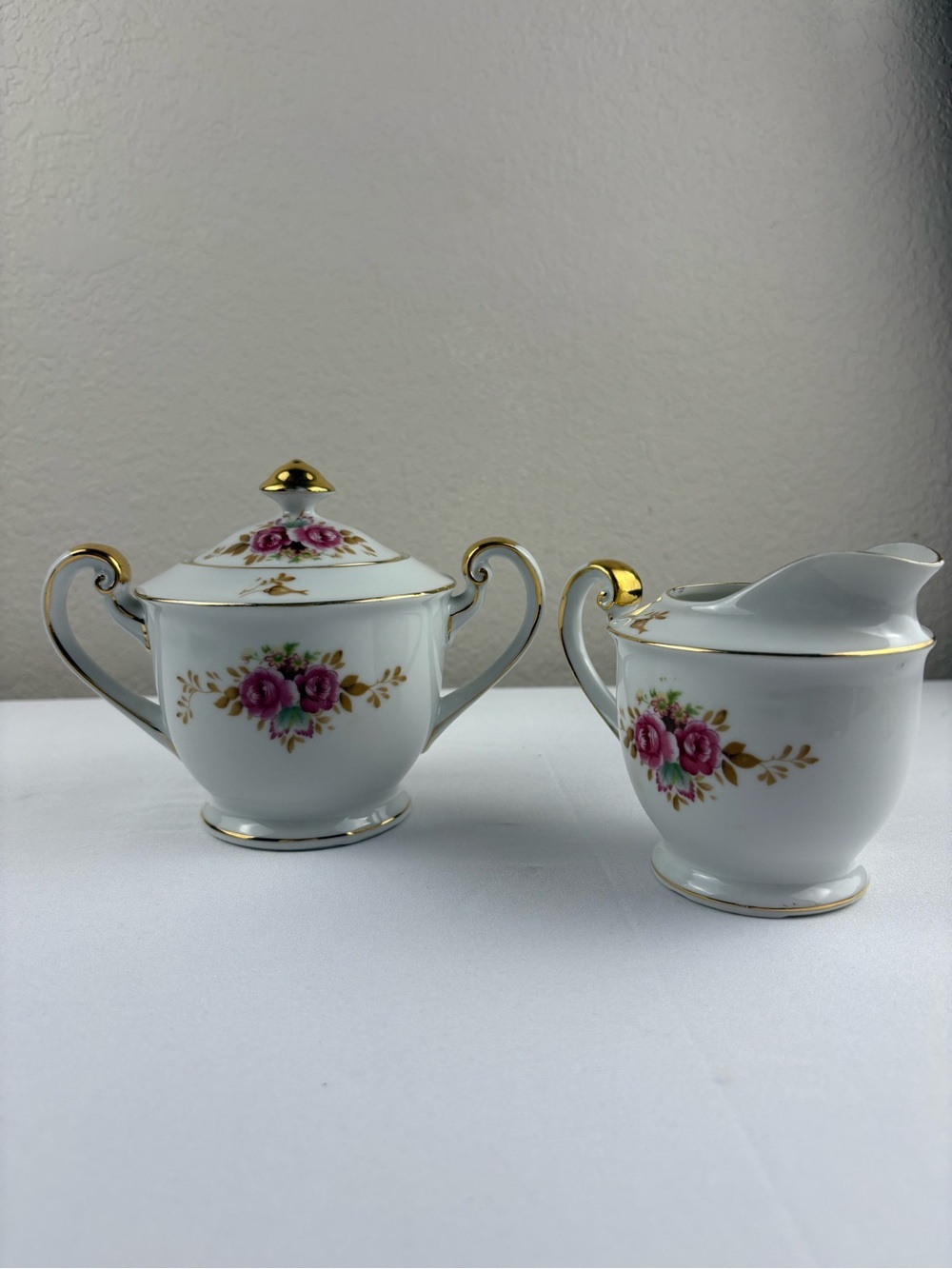 Vintage Saji “Moss Rose” Sugar Bowl with Lid, and Creamer Set